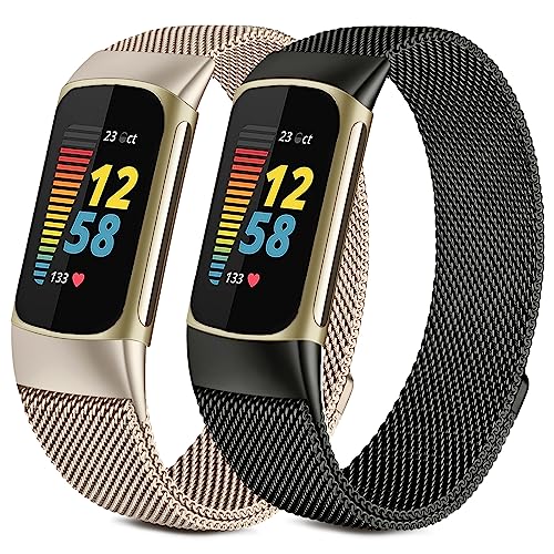Afoskce 2 Pack Metal Bands Compatible with Fitbit Charge 5 Bands for Women Men, Magnetic Clasp Stainless Steel Mesh Loop Adjustable Metal Strap Replacement for Fitbit Charge 5,Black + Champagne Gold