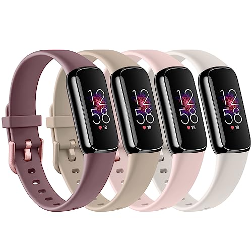 4 PACK Sport Bands Compatible with Fitbit Luxe Bands for Women Men, Soft Silicone Replacement Sport Straps Wristbands for Fitbit Luxe Fitness and Wellness Tracker (Light Pink/Starlight/Smoke Violet/Milk Tea,Small)