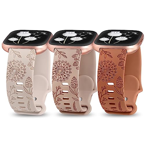 Minyee 3 Packs Floral Engraved Band Compatible with Fitbit Versa 2/Fitbit Versa/Versa Lite Bands Women, Cute Soft Silicone Dandelion Flower Pattern Wristband Sport Designer Fancy Summer Strap for Versa 2