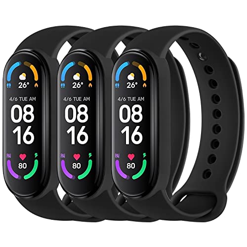 3 Pack Sport Bands for Mi Band 5 Bands & Mi Band 6 Bands, Soft Silicone Replacement Straps for Xiaomi Mi Band 5 & 6 Fitness Tracker (Black+Black+Black)