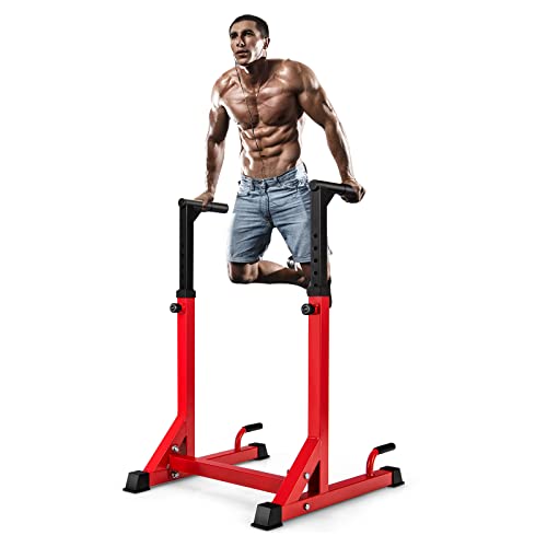GYMAX Adjustable Dip Station, Pull Up Dip Station with 10 Level Adjustable Height, Heavy Duty Multifunctional Parallel Bars for Strength Training Workout, Home Gym Dip Bar Station (Red)