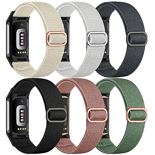 Maledan Sport Band Compatible with Fitbit Charge 5 Bands for Women Men, Soft Breathable Woven Nylon Strap Stretchy Fabric Solo Loop Replacement Wristband for Charge 5 Advanced Fitness Tracker, 6 Pack