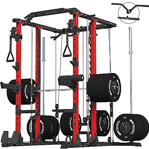 ER KANG Smith Machine, 2000LBS Strength Training Power Cage with Smith Bar and LAT Pull Down System, Multi-Function Linear Bearing Cable Crossover Machine for Home Gym, Red