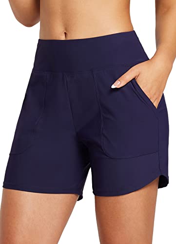 BALEAF Womens 5″ High Waisted Swimwear Board Shorts Tummy Control Modest Swimsuits Bathing Suit Bottoms Beach Trunks, Large, Dark Blue