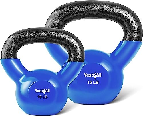 Yes4All Combo Vinyl Coated Kettlebell Weight Sets Great for Full Body Workout and Strength Training Blue, 10 15 lbs