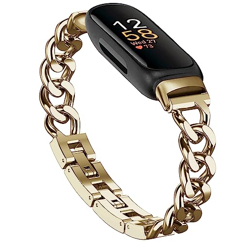 Cool Bands for Fitbit Inspire 3 Bands Women, Stainless Steel Metal Adjustable Wristband Replacement Straps Compatible with Fitbit Inspire 3 Fitness Tracker (Gold)