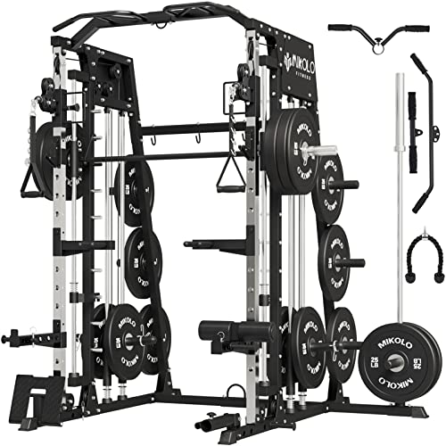 Mikolo Smith Machine, 2200lbs Squat Rack with LAT-Pull Down System & Cable Crossover Machine, Training Equipment with Leg Hold-Down Attachment (2023 New Version, Black)