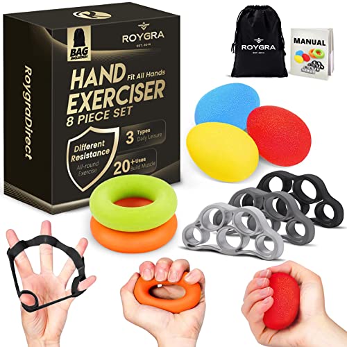 roygra Hand Exerciser, Finger Strengthener, Different Resistance Kit – 8 Pack