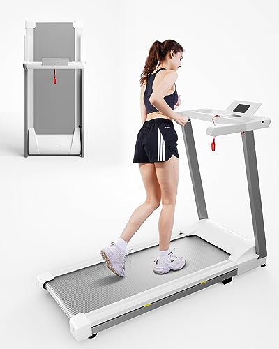 DeerRun Folding Treadmill, 3.0HP Foldable Treadmills with 300 LBS Weight Capacity for Home, Compact Portable Treadmill for Small Space Walking Jogging Running (White)