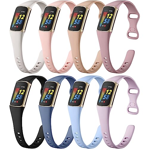 Maledan Band Compatible with Fitbit Charge 5 Bands for Women Men, Slim Replacement Silicone Sport Strap Breathable Waterproof Wristband Accessories for Fitbit Charge 5 Fitness Tracker, 8 Pack