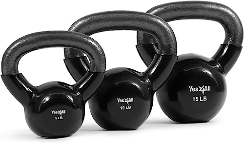 Yes4All Combo Vinyl Coated Kettlebell Weight Sets Great for Full Body Workout and Strength Training Black, 5 10 15 lbs