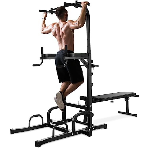 Power Tower Dip Station with Bench, Pull Up Bar w/Foldable Weight Bench for Home Gym Adjustable Height Strength Training Workout Equipment, Pull Up Bar Station