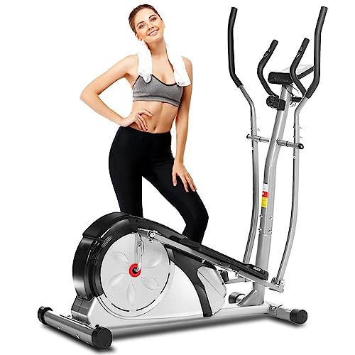 ANCHEER Elliptical Machine, Elliptical Machines with Pulse Rate Grips and LCD Monitor, 8 Resistance Levels Smooth Quiet Driven for Home Gym Office Workout 350LBS Weight Limit (Silver)