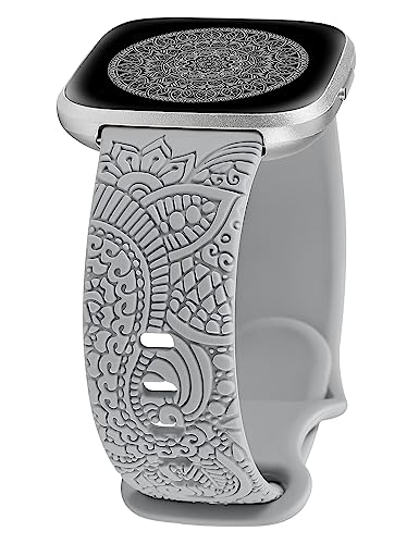 TOYOUTHS Boho Floral Engraved Band Compatible with Fitbit Versa 2/Versa/Versa Lite/Versa SE Bands, Women Sport Silicone Flower Pattern Fancy Cute Stylish Summer Strap for Fitbit Versa, Grey