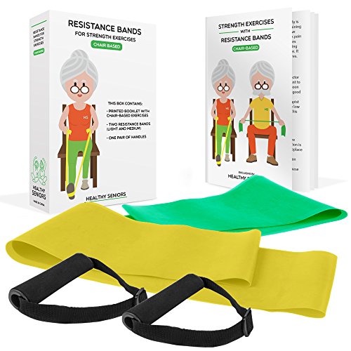 Healthy Seniors Chair Exercise Program with Two Resistance Bands, Handles, and Printed Exercise Guide. Adjustable Fitness Equipment for Seniors, Elderly Home. Ideal for Rehab or Physical Therapy