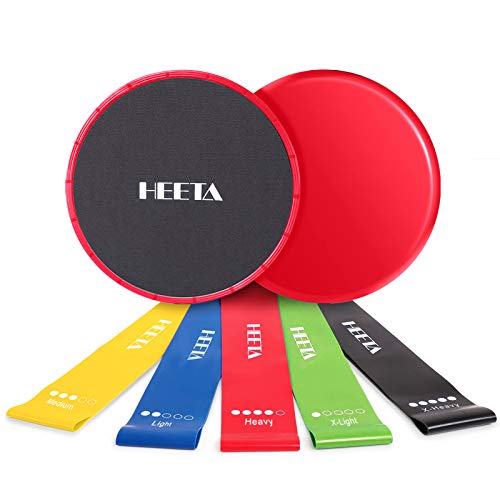 HEETA Resistance Bands and Sliders Sets, 5 Levels Resistance Loops and 2 Packs Double Sided Gliding Discs, Strengthen Core Trainers for Full Body (Red)