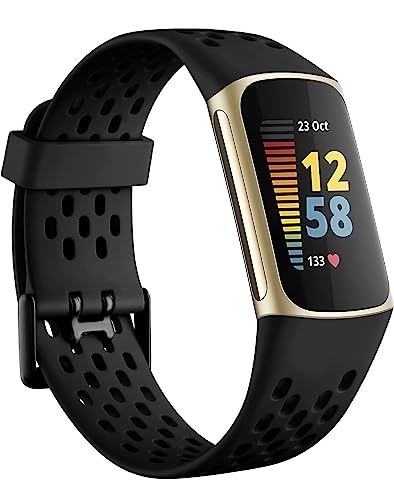 Getino Compatible with Fitbit Charge 5 Bands for Women Men, Soft Breathable Comfortable Replacement Sport Strap Adjustable Wristbands for Fitbit Charge 5 Advanced Fitness Tracker, Black