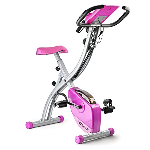 Exercise Bike Portable Recumbent Stationary Bike Upright Adjustable Foldable Cycling Slim Indoor Workout Fitness Cardio Folding Exercise Bicycle Machine with Pulse Sensor LCD Monitor Arm Resistance Bands