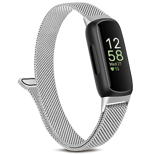 Metal Band Compatible with Fitbit Inspire 3 Bands Women Men, Stainless Steel Mesh Loop Adjustable Magnetic Wristband Replacement Strap for Fitbit Inspire 3 Fitness Tracker (Silver)