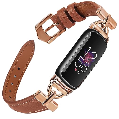 Unique D-shape Metal Buckle Bands Compatible with Fitbit Luxe Bands for Women Top Grain Leather Strap Compatible for Fitbit Luxe/Fitbit Luxe Special Edition Fitness Tracker (Rose Gold/Brown)