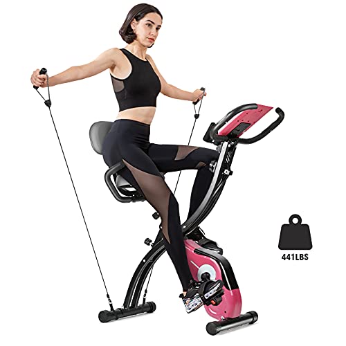 Folding Exercise Bike Magnetic, Upright Recumbent Indoor Workout Exercise Bike with Front and Back Arm Resistance Bands LCD Monitor Pulse Sensor Phone Holder for Cardio Workout and Strength Training (pink)