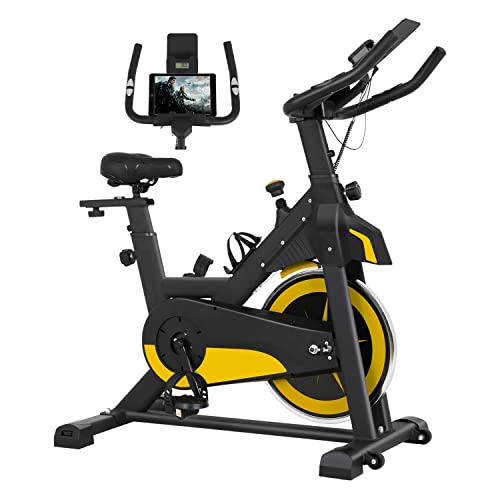 Exercise Bike Indoor Cycling Bike Stationary,Fitness Training Bike with Comfortable Seat Cushion and Resistance,Cup Holder,LCD Monitor Workout bike for Home Cardio Workout Fitness Machine,Yellow