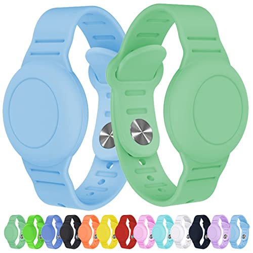 2 Pack Waterproof AirTag Bracelet for Kids, Hidden Silicone Wristband for AirTag, GPS Tracker Case for Air Tag Holder Strap Watch Band for Child Toddler,Secure Anti-Loss Protection(Blue Matcha)