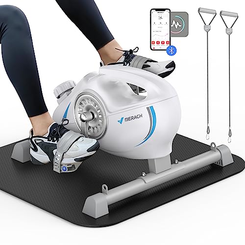 Under Desk Bike Pedal Exerciser, Quiet Magnetic Mini Exercise Bike with MERACH App for Arm, Leg Recovery, Physical Therapy, Smooth Foot Desk Cycle with 2 Resistance Bands & Non-Slip Mat, White