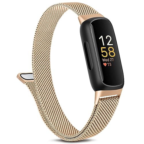Metal Band Compatible with Fitbit Inspire 3 Bands Women Men, Stainless Steel Mesh Loop Adjustable Magnetic Wristband Replacement Strap for Fitbit Inspire 3 Fitness Tracker (Rose Gold)