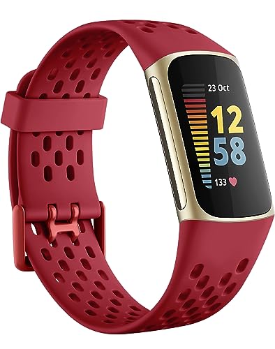 Getino Compatible with Fitbit Charge 5 Bands for Women Men, Soft Breathable Comfortable Replacement Sport Strap Adjustable Wristbands for Fitbit Charge 5 Advanced Fitness Tracker, Red