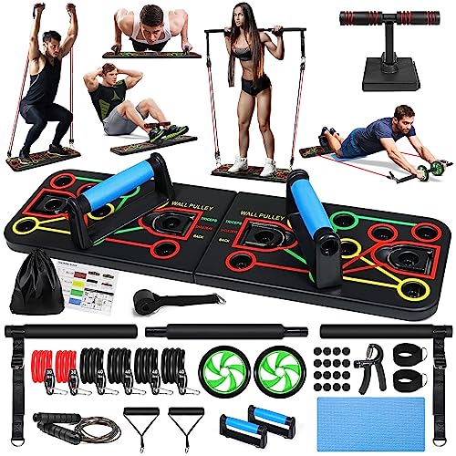 Push Up Board Home Gym Portable System Compact, Pilates Bar & 20 Fitness Accessories with Resistance Bands Ab Roller Wheel Strength Training Equipment Full Body Workout for Men and Women, Best Choice for Boyfriend Girlfriend Gift