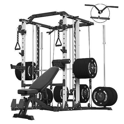 ER KANG Smith Machine, 2000LBS Strength Training Power Cage with Smith Bar and LAT Pull Down System, Multi-Function Linear Bearing Cable Crossover Machine for Home Gym Black Weight Bench, White