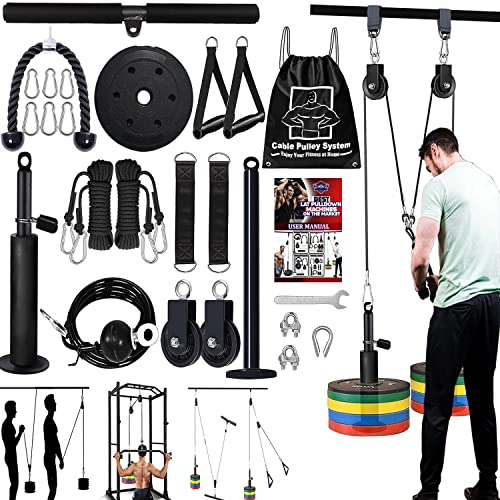 Cable Pulley System Upgraded Home Gym Equipment Weight Lift Workout LAT Cable Machine Attachments Home Strength Training for Triceps Pull Down Biceps Curl Back Forearm Shoulder (2 System + Plates)