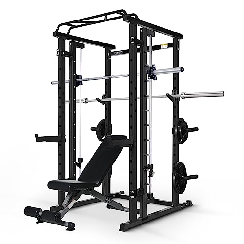 RitFit Multi-Function Smith Machine Power Cage Packages with Optional Weight Bench, Olympic Barbell and Weight Plates Set, and More Strength Training Attachments, for Home Gym (black PPC04 with RP140)