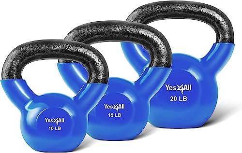 Yes4All Combo Vinyl Coated Kettlebell Weight Sets Great for Full Body Workout and Strength Training Blue, 10 15 20 lbs