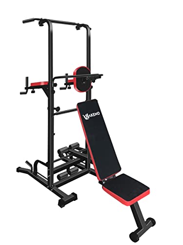 HAKENO Multifunction Power Tower with Bench Pull Up Bar Dip Station for Home Gym Squat Rack Adjustable Workout Strength Training Home Fitness Equipment 500LB