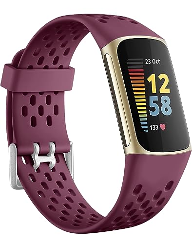 Getino Compatible with Fitbit Charge 5 Bands for Women Men, Soft Breathable Comfortable Replacement Sport Strap Adjustable Wristbands for Fitbit Charge 5 Advanced Fitness Tracker, Wine Red