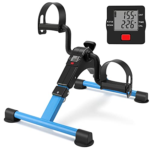 Folding Pedal Exerciser Mini Exercise Bike Portable Peddler Under Desk Bike with LCD Display for Arms and Legs Workout (Blue)