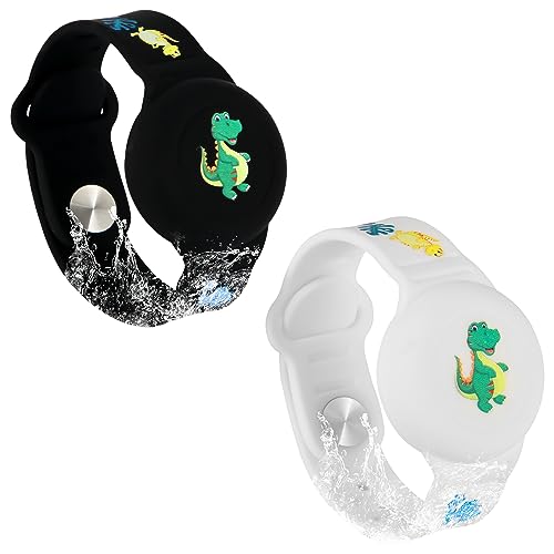 SAVITA 2pcs Kids Wristband for AirTag, Dinosaur Cartoon Pattern Bracelet for Kids Toddler Elder Adjustable Watch Band Kids Anti Lost for AirTag Case Holder for Hiding GPS Tracker (Black, White)