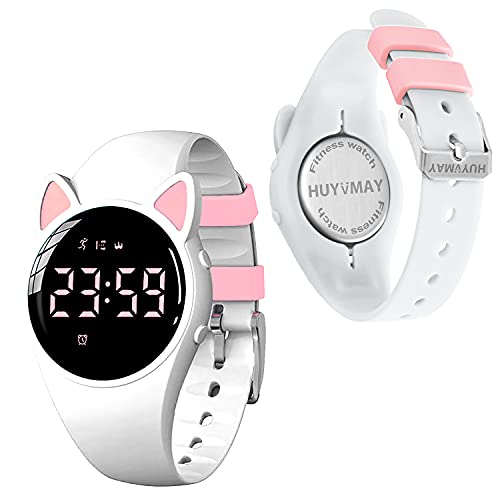 HUYVMAY Kids Fitness Tracker Watch, No App No Smartphone Needed, 1 Hour Charging for 20Days Use,IP68 Waterproof Watch for Girls Student, Sports Watch with Alarm Clock Stopwatch Pedometer (White/Pink)