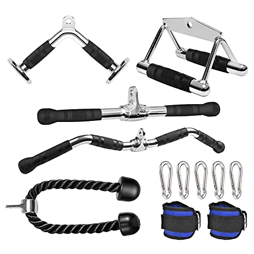 6 Pieces Cable Machine Accessories Set – LAT Bar Cable Machine Attachment, Double D Handle, V-Shaped Bar, Tricep Rope, Rotating Straight Bar & Ankle Straps, for Arm Strength Workout Training