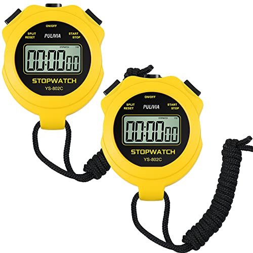 Digital Stopwatch Timer Only Stopwatch with ON/Off, NO Bell Silent No Clock No Date Basic Operation, PULIVIA Sport Stopwatch for Coaches Swimming Running, 2 Pack Yellow