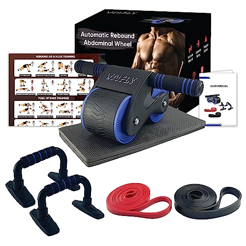 VNFLY Ab Roller Automatic Rebound Abdominal Wheel Kit, Abs Workout Equipment, Ab Wheel Roller for Core Workout with 2 Knee Pads, 2 Push-up Bars, 2 Resistance Bands, 1 Training Guide and 1 User Manual