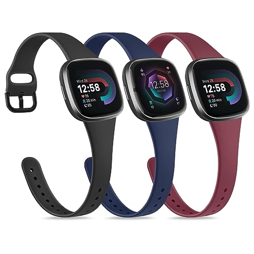 IEOVIEE Bands Compatible for Fitbit Versa 4 Bands/Fitbit Versa 3 Bands/Sense 2 Bands/Fitbit Sense Watch Bands for Women, Soft Slim Silicone Wristbands Replacement Strap (Black+ Navy blue+Wine red)