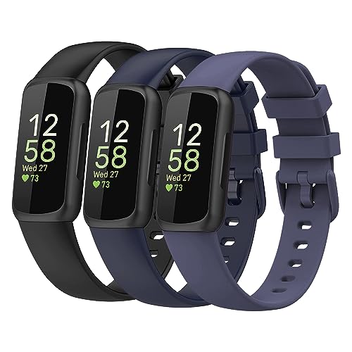 Cone 3 Packs Bands for Fitbit Inspire 3, Silicone Fitness Sport Wristbands for Women Men（Black+Dark Blue+Blue Grey）