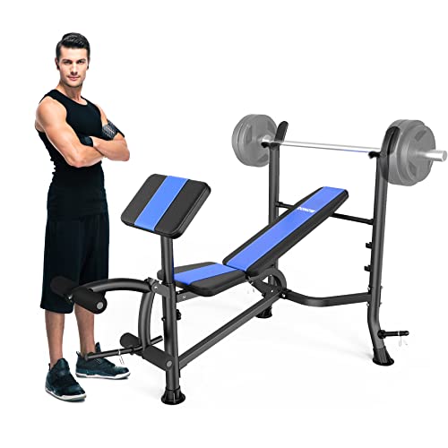 DONOW Olympic Weight Bench Adjustable With Barbell Rack Bench Press Set with Leg Extension Preacher Curl and Weight Storage Workout Bench for Strength Training