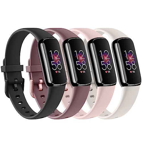 4 PACK Sport Bands Compatible with Fitbit Luxe Bands for Women Men, Soft Silicone Replacement Sport Straps Wristbands for Fitbit Luxe Fitness and Wellness Tracker (Smoke Violet/Light Pink/Starlight/Black,Large)