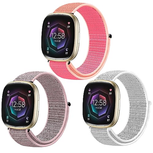 Chinber 3 Pack Elastic Band, Compatible with Fitbit Versa 3/Fitbit Versa 4 Bands/Fitbit Sense 2/Fitbit Sense Soft Breathable Loop Nylon Sport Adjustable Bands