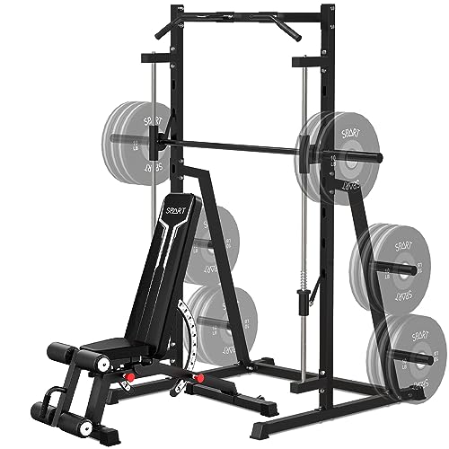 SPART Smith Machine Squat Rack with Weight Bench Combo, Half Power Cage with Smith Bar, Multi-Function Weightlifting Rack with Weight Storage Pegs for Upper Body Strength Training, Black
