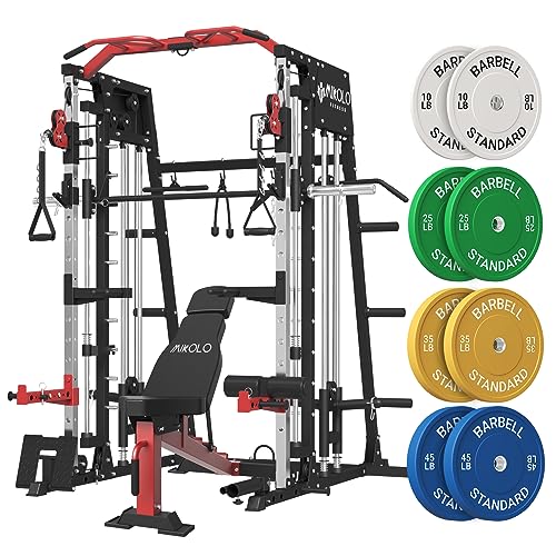 Mikolo Smith Machine, 2200lbs Squat Rack with LAT-Pull Down System & Cable Crossover Machine, Training Equipment with Leg Hold-Down Attachment, Garage & Home Gym Package (Red)